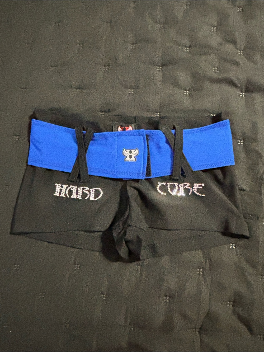 Black Athletic Shorts with Blue Waistband & Rhinestone HARD CORE